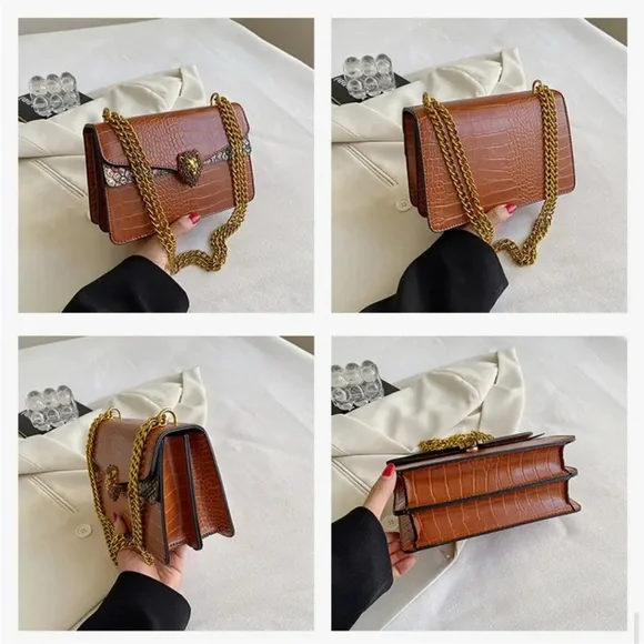 Unbranded Elegant Black Snake-Print Bag w/  Golden Lion Head & Golden Chain-NIP - Picture 7 of 16